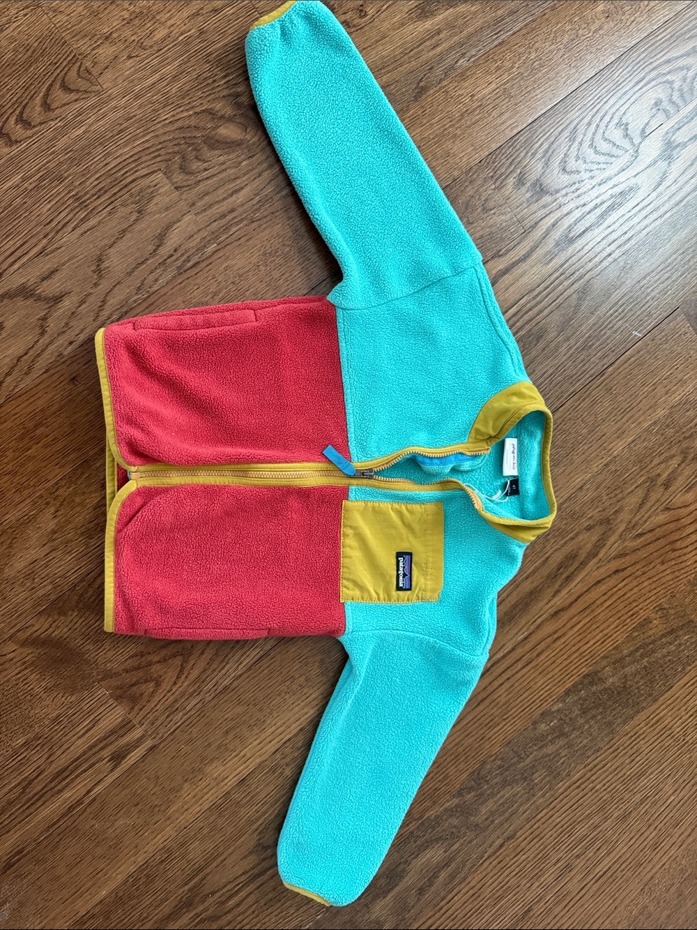Patagonia Kids Colorblock Fleece Hoodie - Turquoise, Coral & Mustard